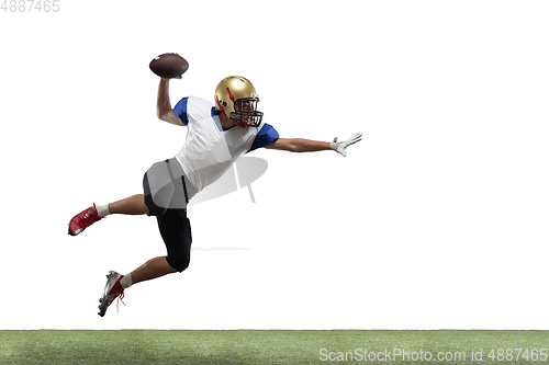 Image of American football player in action isolated on white studio background