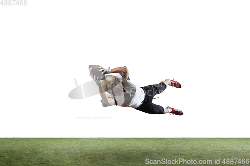 Image of American football player in action isolated on white studio background