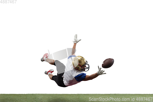 Image of American football player in action isolated on white studio background