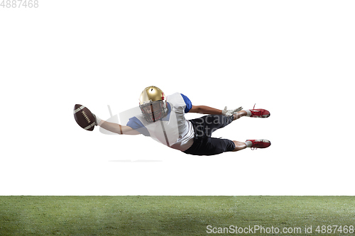 Image of American football player in action isolated on white studio background