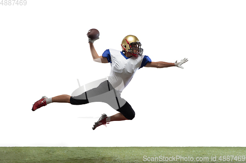 Image of American football player in action isolated on white studio background