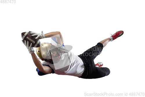 Image of American football player in action isolated on white studio background