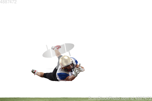 Image of American football player in action isolated on white studio background