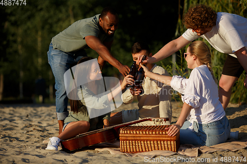 Image of Group of friends clinking beer glasses during picnic at the beach. Lifestyle, friendship, having fun, weekend and resting concept.