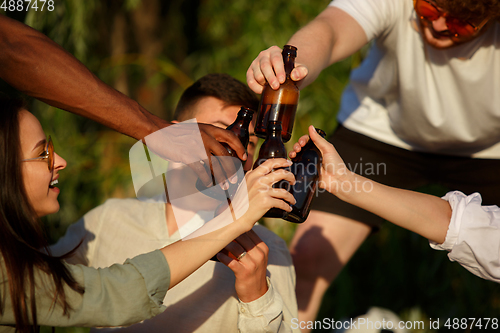 Image of Group of friends clinking beer glasses during picnic at the beach. Lifestyle, friendship, having fun, weekend and resting concept.