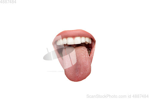 Image of Close up view of female mouth wearing nude lipstick isolated over white studio background