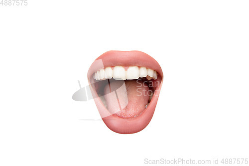 Image of Close up view of female mouth wearing nude lipstick isolated over white studio background