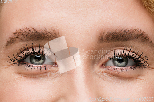 Image of Close up of face of beautiful caucasian young woman, focus on eyes