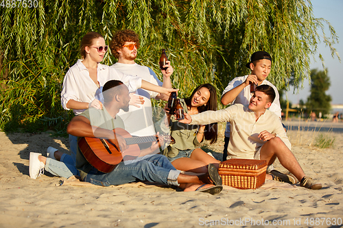 Image of Group of friends clinking beer glasses during picnic at the beach. Lifestyle, friendship, having fun, weekend and resting concept.