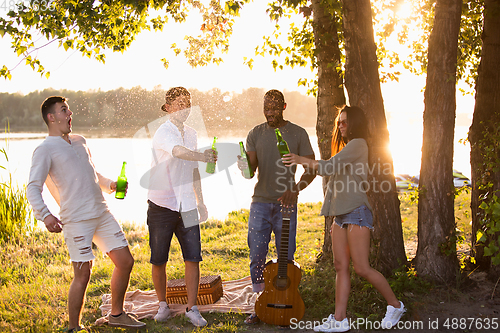 Image of Group of friends clinking beer glasses during picnic at the beach. Lifestyle, friendship, having fun, weekend and resting concept.