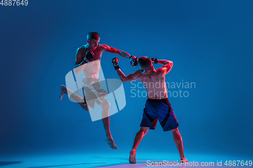 Image of MMA. Two professional fighters punching or boxing isolated on blue studio background in neon