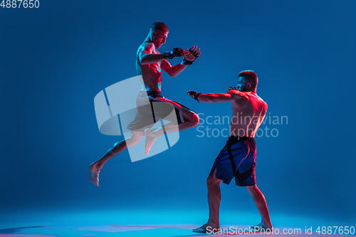 Image of MMA. Two professional fighters punching or boxing isolated on blue studio background in neon
