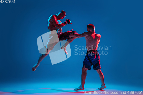 Image of MMA. Two professional fighters punching or boxing isolated on blue studio background in neon