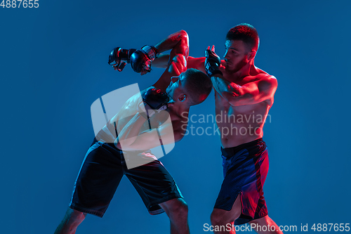 Image of MMA. Two professional fighters punching or boxing isolated on blue studio background in neon