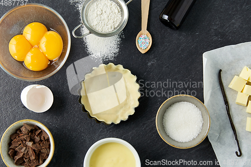 Image of baking dish with dough and cooking ingredients