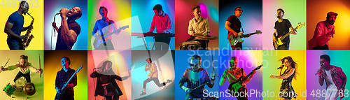 Image of Collage of portraits of young musicians on multicolored background in neon