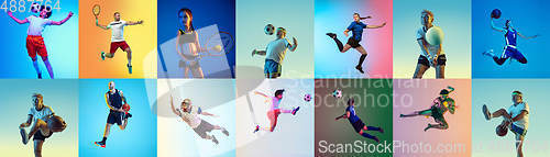 Image of Sport collage of professional athletes or players on multicolored background in neon
