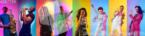 Image of Collage of portraits of young musicians on multicolored background in neon