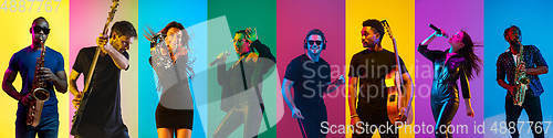 Image of Collage of portraits of young musicians on multicolored background in neon