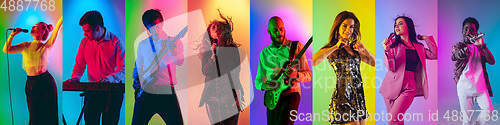 Image of Collage of portraits of young musicians on multicolored background in neon