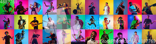 Image of Collage of portraits of young musicians on multicolored background in neon