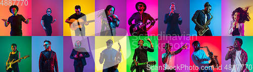 Image of Collage of portraits of young musicians on multicolored background in neon