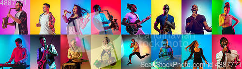 Image of Collage of portraits of young musicians on multicolored background in neon