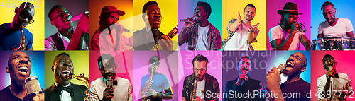 Image of Collage of portraits of young musicians on multicolored background in neon