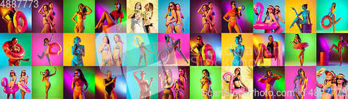 Image of Collage of portraits of young beautiful girls on multicolored background in neon