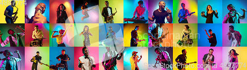 Image of Collage of portraits of young musicians on multicolored background in neon