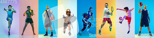 Image of Sport collage of professional athletes or players on multicolored background in neon