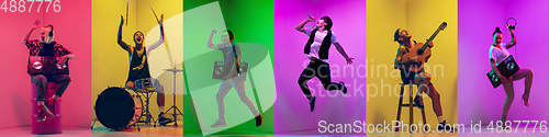 Image of Collage of portraits of young musicians on multicolored background in neon