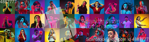 Image of Collage of portraits of young people on multicolored background in neon light