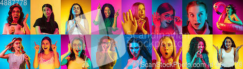 Image of Collage of portraits of young people on multicolored background in neon light