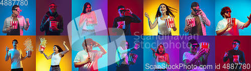 Image of Collage of portraits of young people on multicolored background in neon light