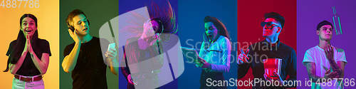 Image of Collage of portraits of young people on multicolored background in neon light