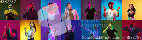 Image of Collage of portraits of young people on multicolored background in neon light