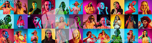 Image of Collage of portraits of young people on multicolored background in neon light