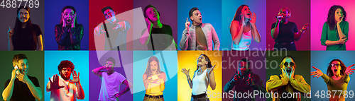 Image of Collage of portraits of young people on multicolored background in neon light