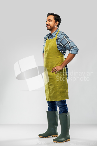 Image of happy indian male gardener or farmer in apron