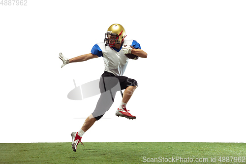 Image of American football player in action isolated on white studio background