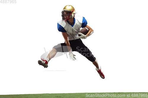 Image of American football player in action isolated on white studio background