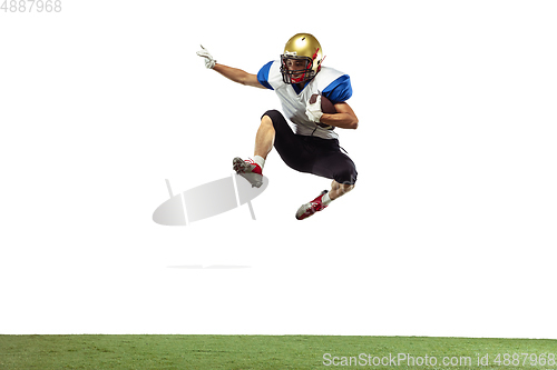 Image of American football player in action isolated on white studio background