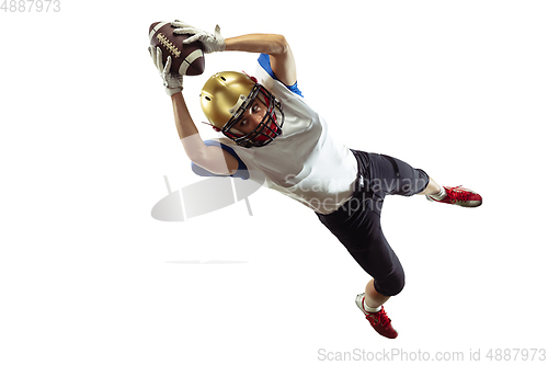 Image of American football player in action isolated on white studio background