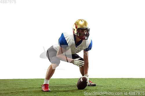 Image of American football player in action isolated on white studio background