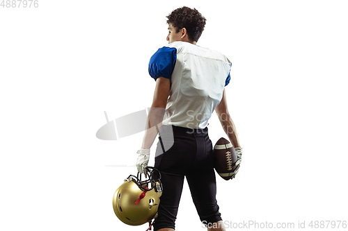 Image of American football player in action isolated on white studio background