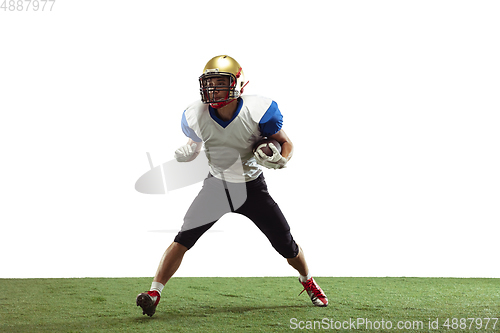 Image of American football player in action isolated on white studio background