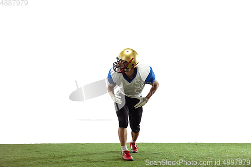 Image of American football player in action isolated on white studio background