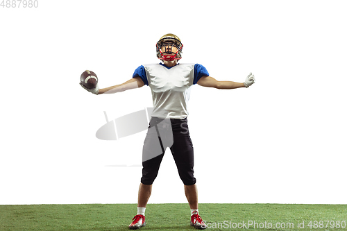 Image of American football player in action isolated on white studio background