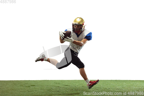 Image of American football player in action isolated on white studio background